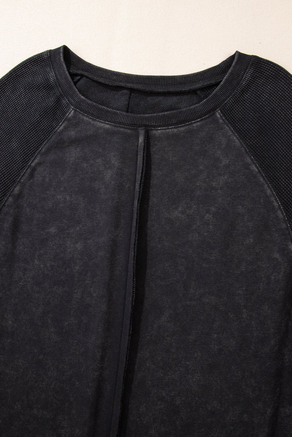 Black Solid Waffle Knit Patchwork Raglan Sleeve Sweatshirt