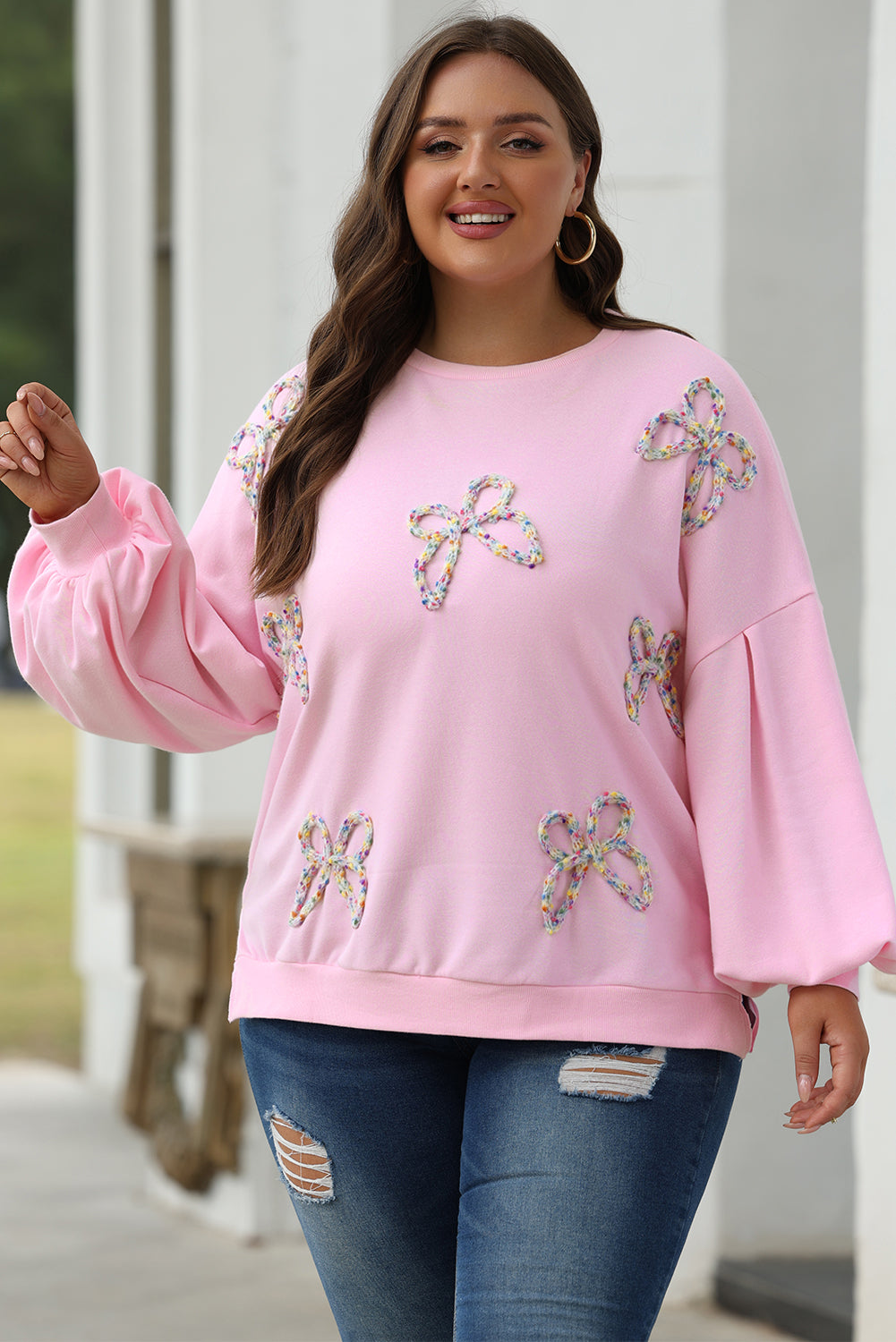 Light Pink Embroidered Bow Lantern Sleeve Oversized Pullover Sweatshirt