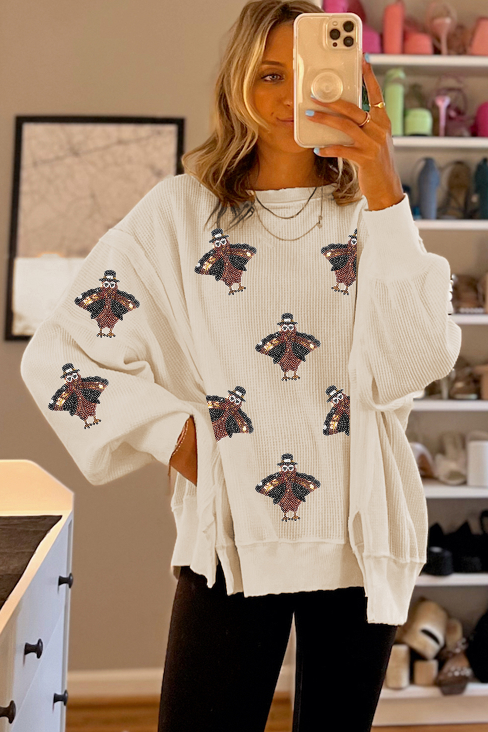 White Thanksgiving Turkey Waffle Oversized Knit Top