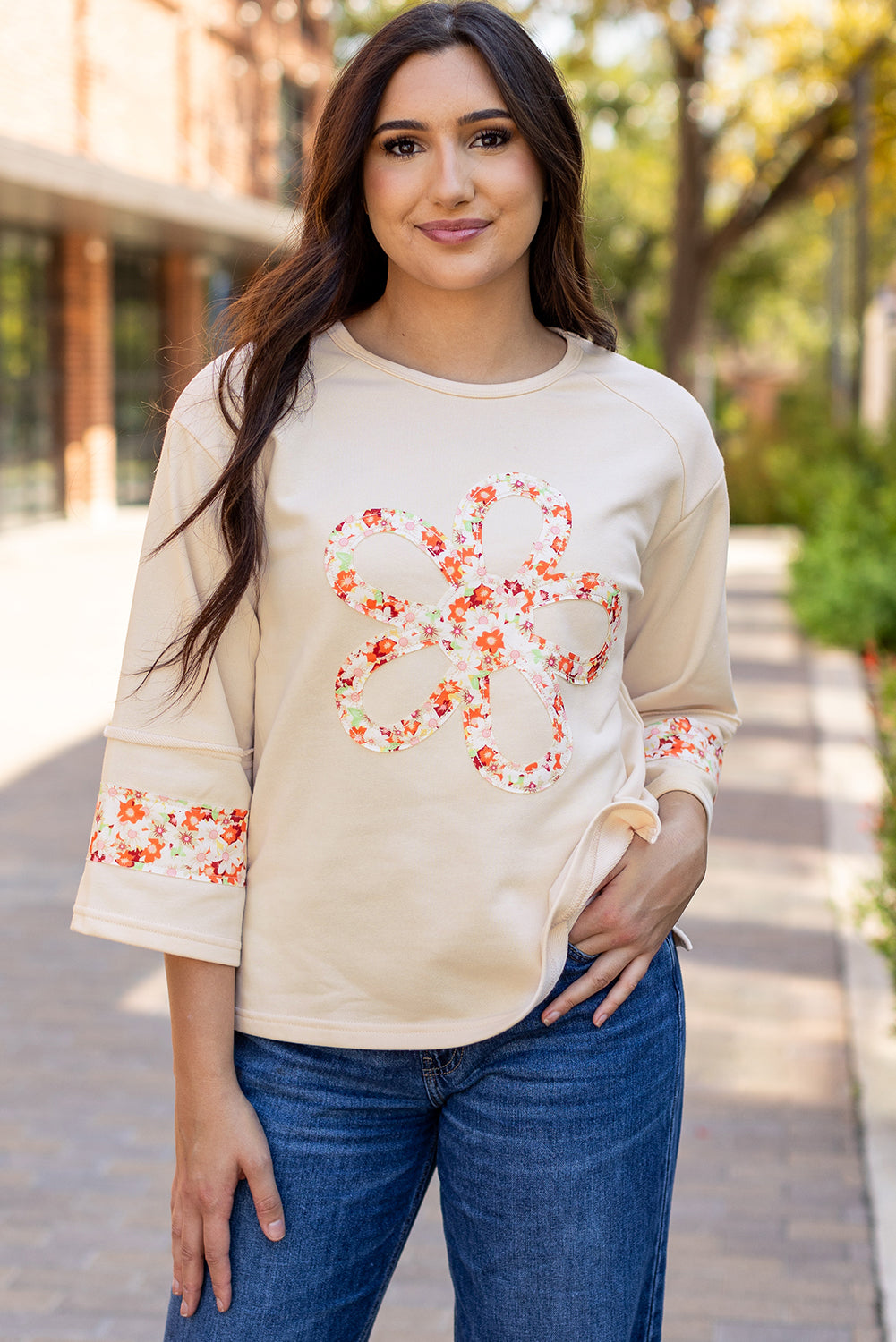 Beige Flower Patch Graphic Exposed Seam Wide Sleeve Top