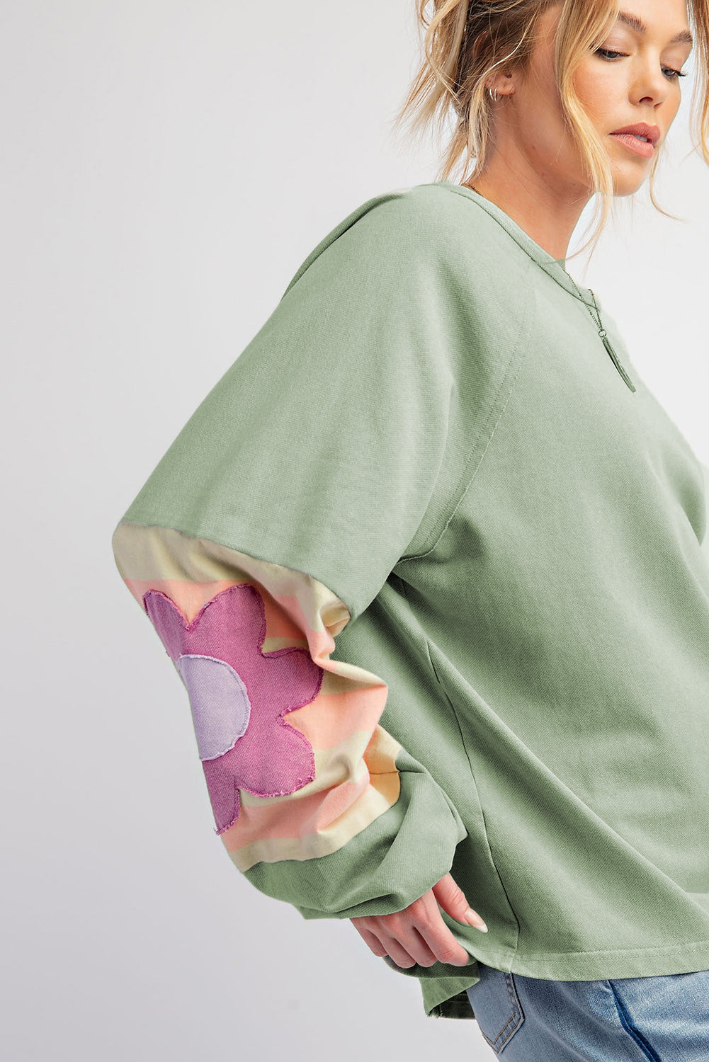 Smoke Green Flower Patchwork Exposed Seam Raglan Sleeve Top