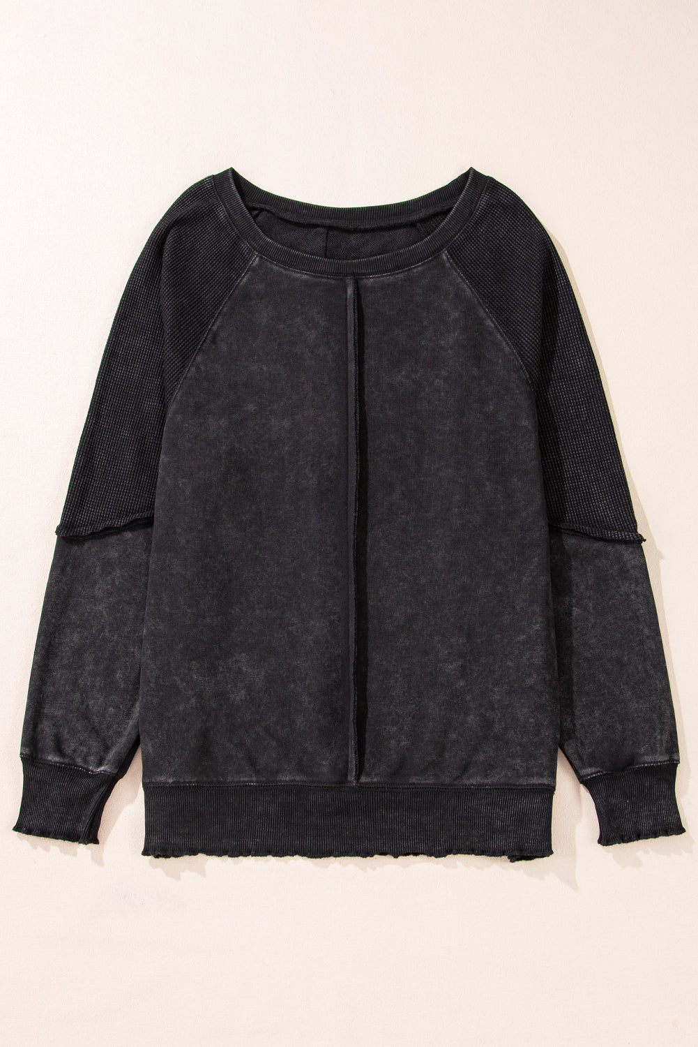 Black Solid Waffle Knit Patchwork Raglan Sleeve Sweatshirt