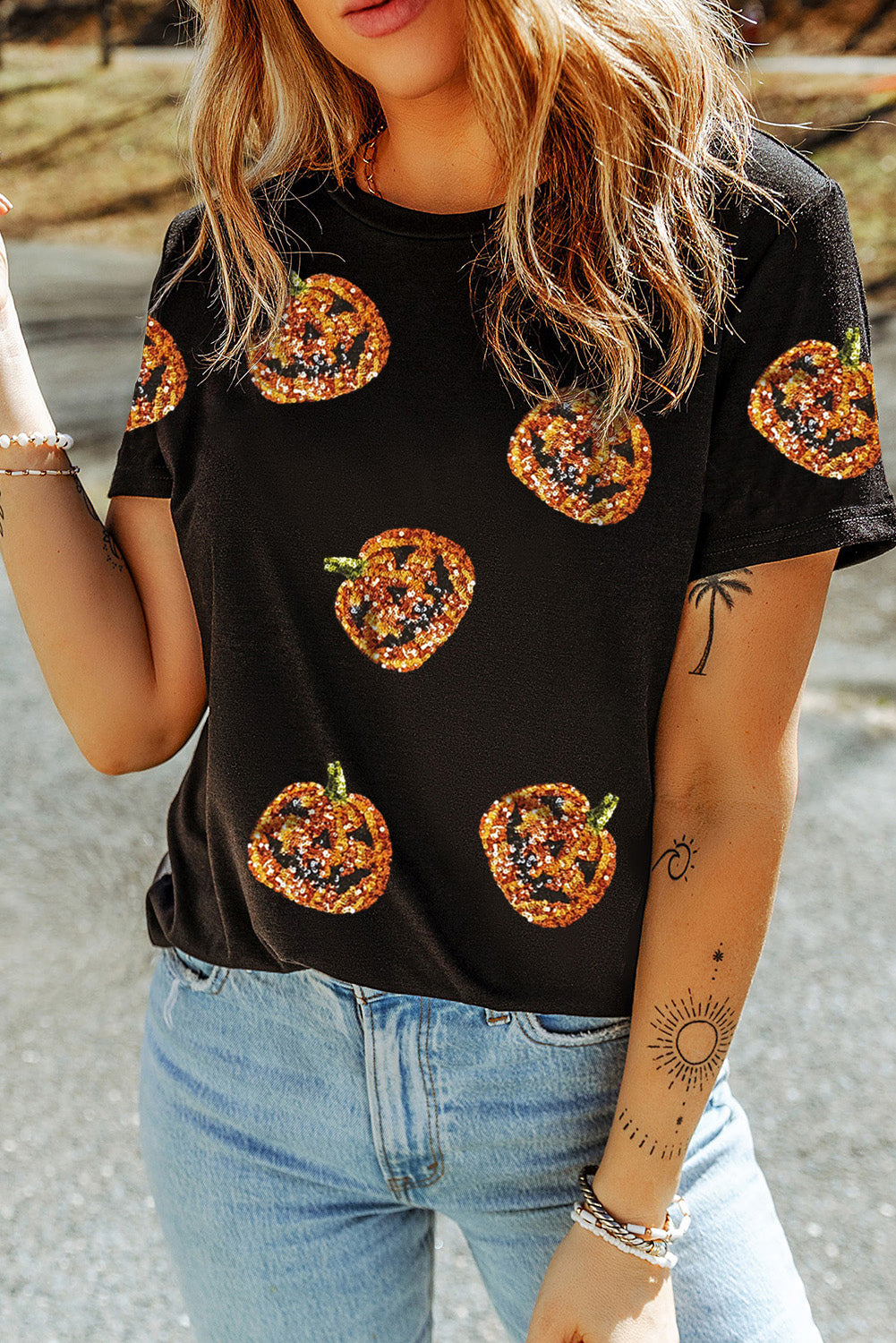 Black Sequin Pumpkin Face Halloween T Shirt